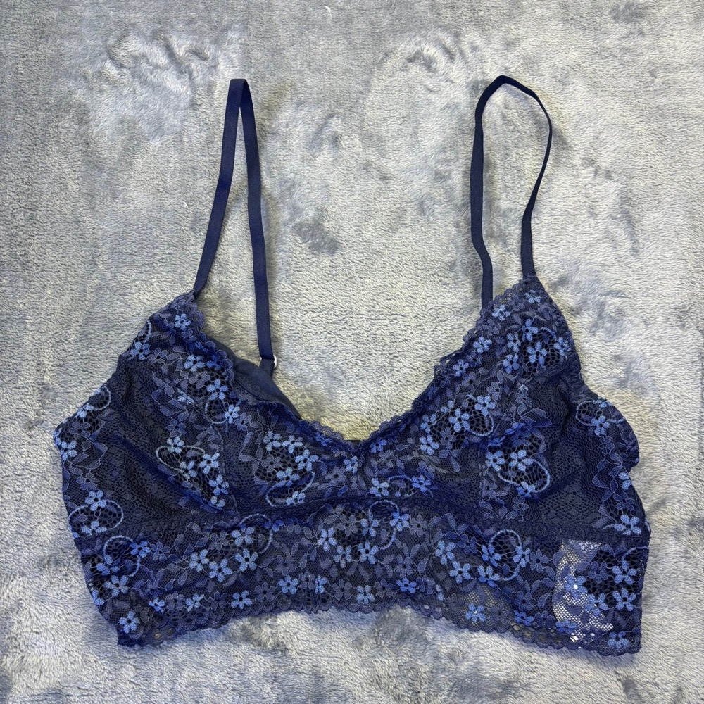 Gilly Hicks Navy Blue Floral Lace Bralette Unlined Wireless Size Large